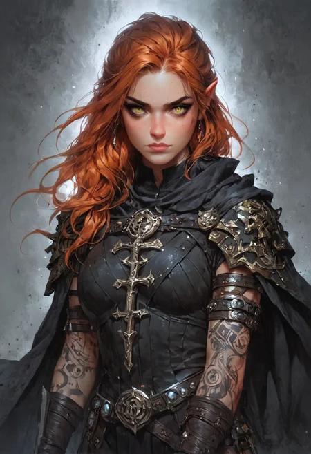 score_9, score_8_up, score_7_up, woman, simple background, dark background, yellow eyes, gorgeous, elf, rogue outfit, black pagan outfit, pale skin, solo, black religious robes, pagan mystic jewelry, black iron crown, pagan ornaments, violet cloak, standing up straight, calm face, runic tattoos, ginger hair, closed mouth, cowboy shot, looking at viewer
