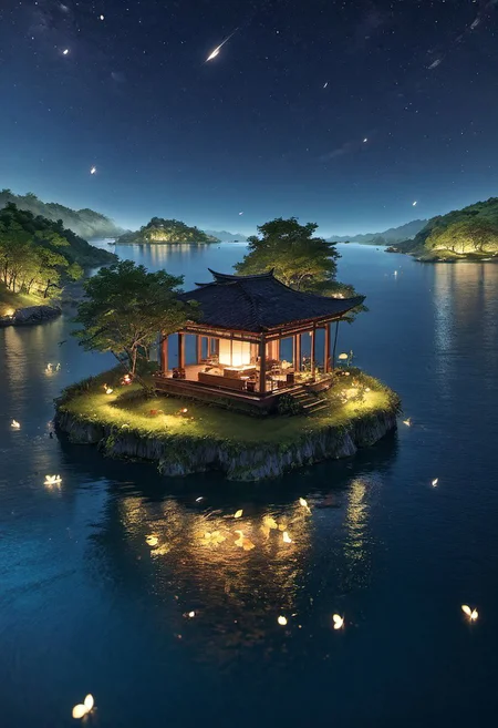 outdoors, The island floating in the air, human, bulding night, , (low light), top-down view, firefly -ar 9:16, high saturation, high contract