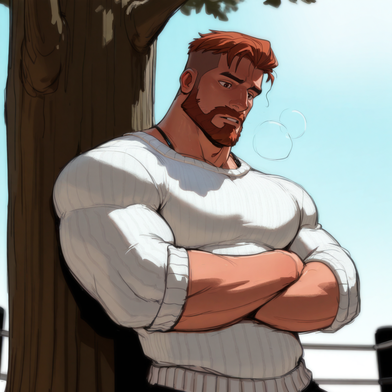 <lora:sosforsource-30:1> sosforsourcestyle, ((leaning against a tree with arms crossed, wrestling ring, roll-neck sweater, copper hair, day, Medium close-up))
(very short hair, beard, bara, mature, facial hair, stubble, beard, full beard, sideburn, beard, a lot of beard, ), facial hair,male focus, muscular male, muscular male, bara, mature,  bara,  very awa, masterpiece, best quality, absurdres, newest, perfect quality, detailed background, intricate details,
<lora:slider_Body Type_alpha1.0_rank4_noxattn_last:3><lora:slider_cfg_scale_boost:.7><lora:slider_il_brightness_slider_d1:-1><lora:slider_il_contrast_slider_d1:-1><lora:slider_DarkSlider1.2_alpha1.0_rank16_full_300steps:-.6>