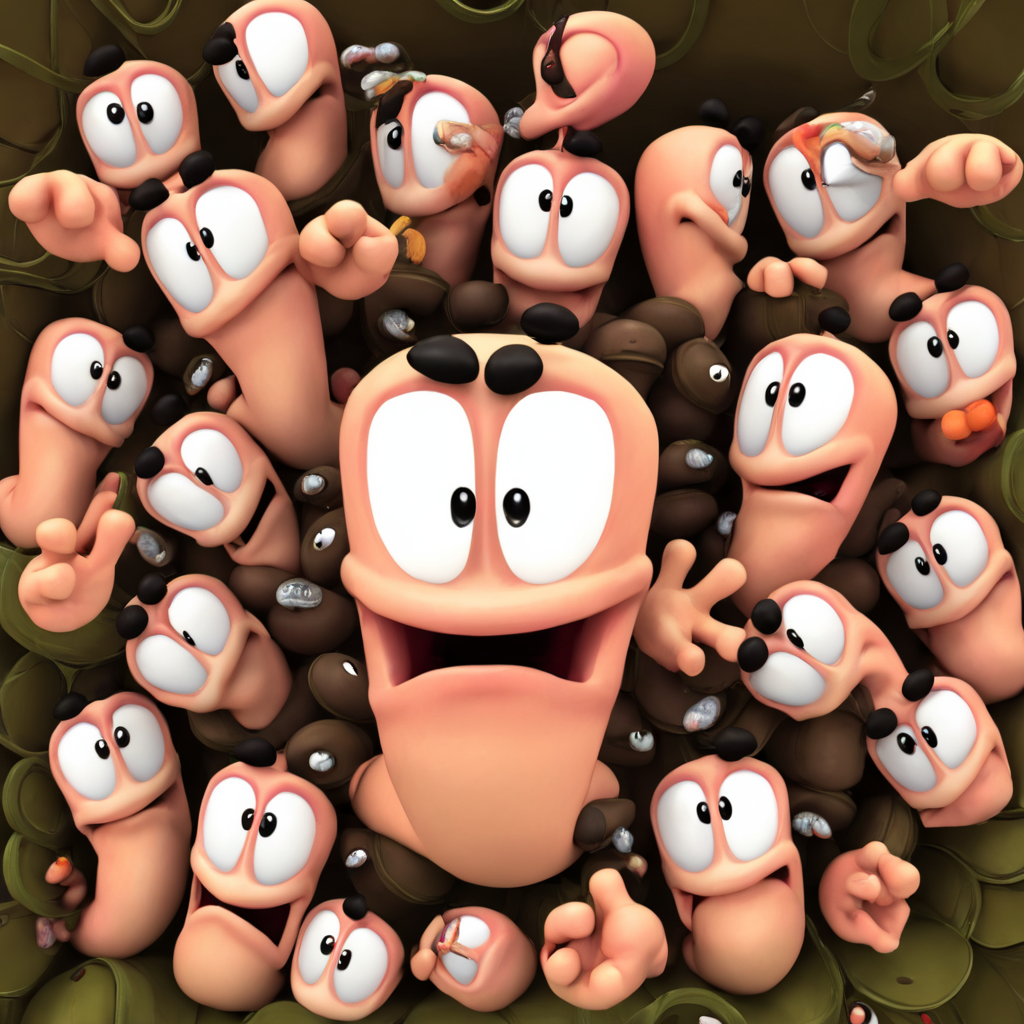 wormsteam17, wormrender, worm, multiple worms, no humans, floating rounded black eyebrows, looking at viewer, masterpiece, best quality