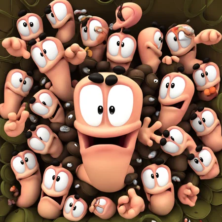 wormsteam17, wormrender, worm, multiple worms, no humans, floating rounded black eyebrows, looking at viewer, masterpiece, best quality