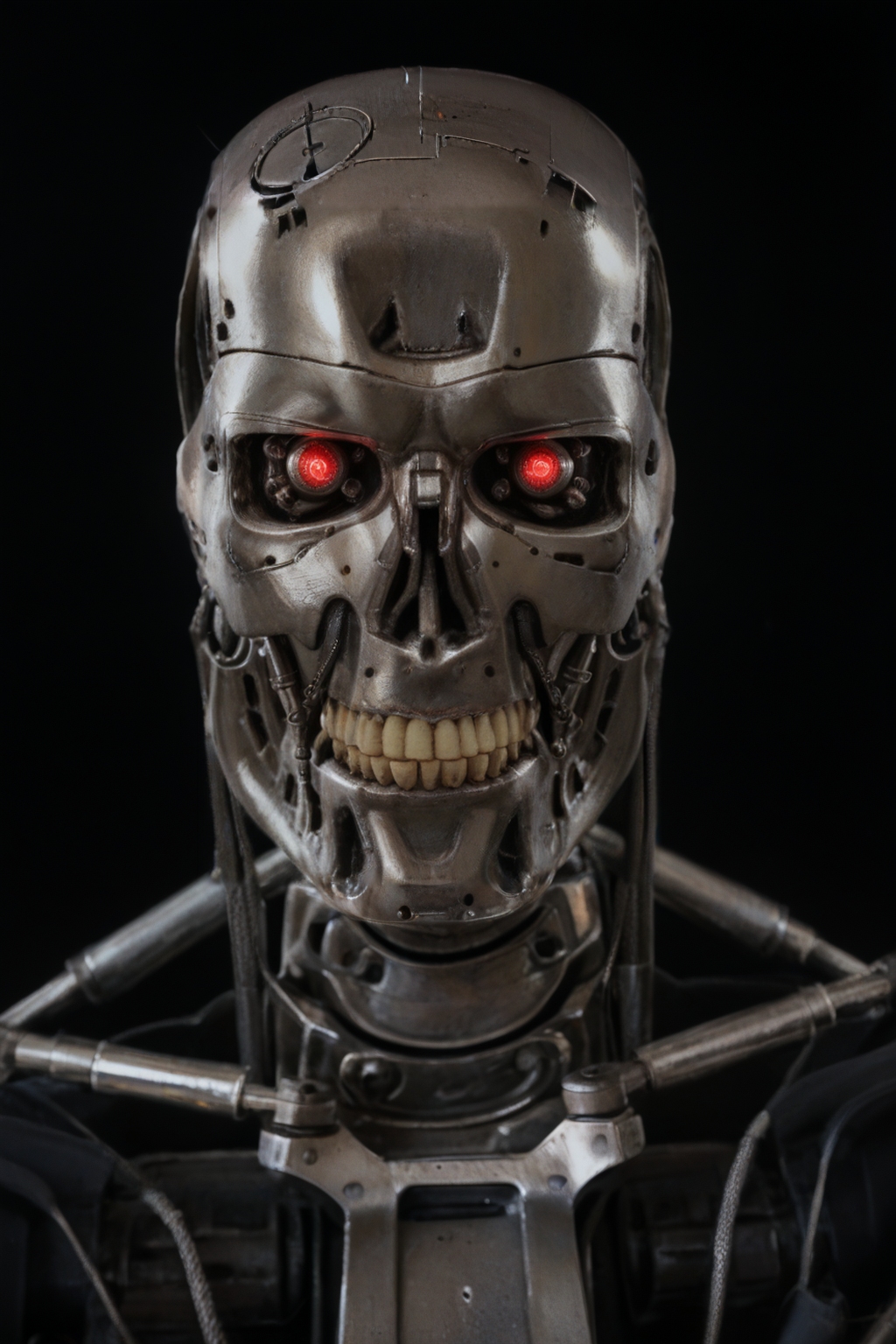 T800_Endo, Terminator robot, score_9, score_8_up, score_7_up, (source_IRL, source_movie), cinematic, realistic, masterpiece, high quality, highres RAW photo, ((close-up shot, close-up head shot, front view))
((an UpgradedT800_Endo Terminator Robot)) with red eyes, he is made of metal, he is made of shiny chrome metal, new, clean, <lora:T800_Endo_Terminator_Pony_v1-000019:1>
(standing)
black background
dynamic lighting, highly detailed, intricate details, shadows