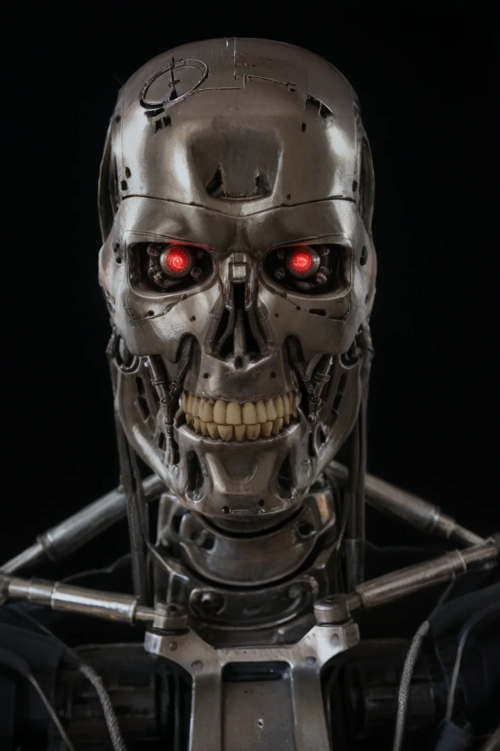 T800_Endo, Terminator robot, score_9, score_8_up, score_7_up, (source_IRL, source_movie), cinematic, realistic, masterpiece, high quality, highres RAW photo, ((close-up shot, close-up head shot, front view))
((an UpgradedT800_Endo Terminator Robot)) with red eyes, he is made of metal, he is made of shiny chrome metal, new, clean, <lora:T800_Endo_Terminator_Pony_v1-000019:1>
(standing)
black background
dynamic lighting, highly detailed, intricate details, shadows