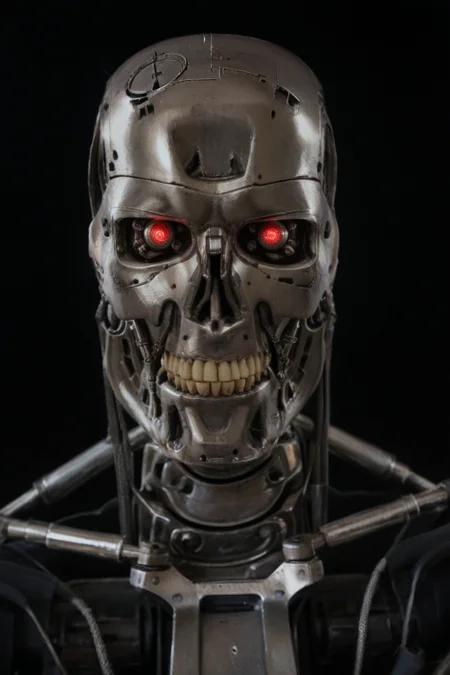 T800_Endo, Terminator robot, score_9, score_8_up, score_7_up, (source_IRL, source_movie), cinematic, realistic, masterpiece, high quality, highres RAW photo, ((close-up shot, close-up head shot, front view))
((an UpgradedT800_Endo Terminator Robot)) with red eyes, he is made of metal, he is made of shiny chrome metal, new, clean, <lora:T800_Endo_Terminator_Pony_v1-000019:1>
(standing)
black background
dynamic lighting, highly detailed, intricate details, shadows