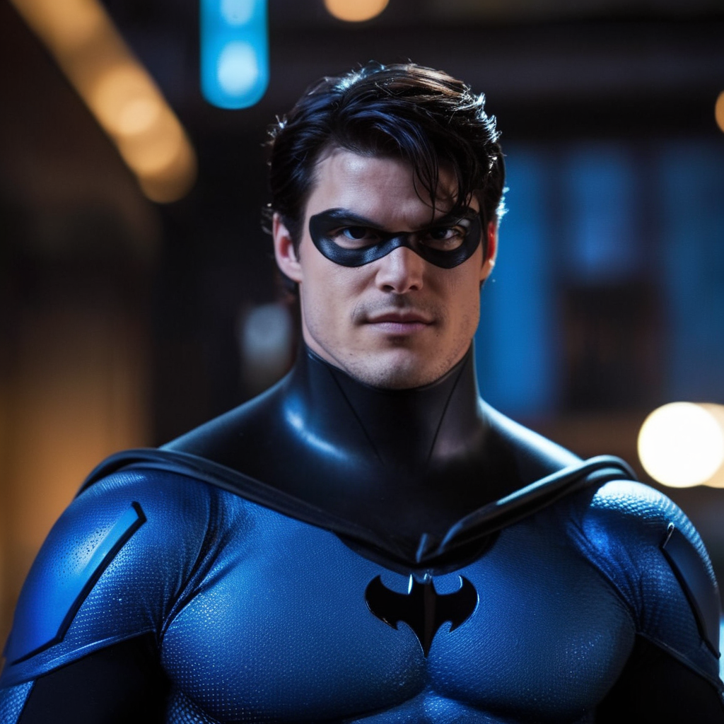 cinematic film still of  <lora:Batman The Animated Series Style:1.2>
Nightwing In Gotham City a man in a blue and black costume Batman The Animated Series Style, shallow depth of field, vignette, highly detailed, high budget, bokeh, cinemascope, moody, epic, gorgeous, film grain, grainy
