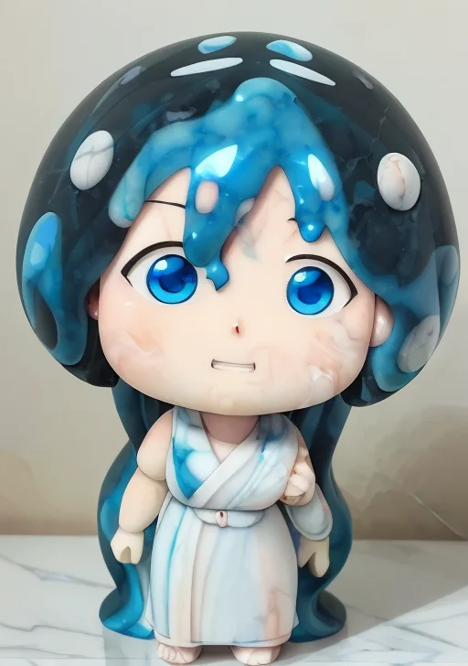 (((statue))), (((made of marble))), ((3d)), (by Jeff Kinney), (by Hikari Shimoda),(black outlines), anime style, (((chibi))), ((cartoon style)), (cartoonized), slime girl, slime, ((melting)), blue, made out of water, photo of a monster girl, cartoon eyes, blue girl, blue skin, onigiri,