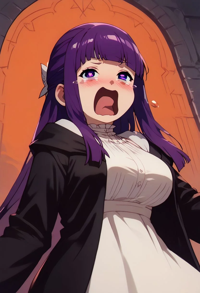 score_9, score_8_up, score_7_up, pinup girl pose, Expressiveh,
(aquascreaming, screaming, open mouth, crying with eyes open),
aesthetic, dramatic angle, unique perspective, unique angle,
big breasts,
patFern, long hair, bangs, purple eyes, purple hair, sidelocks, blunt bangs, bright pupils, half updo, long sleeves, dress, white dress, long dress, robe, black robe,
looking at viewer, dutch angle, solo,
extremely smug, smile,
blush, horny,