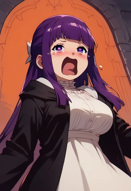 score_9, score_8_up, score_7_up, pinup girl pose, Expressiveh, 
(aquascreaming, screaming, open mouth, crying with eyes open),
aesthetic, dramatic angle, unique perspective, unique angle,  
big breasts, 
patFern, long hair, bangs, purple eyes, purple hair, sidelocks, blunt bangs, bright pupils, half updo, long sleeves, dress, white dress, long dress, robe, black robe,
looking at viewer, dutch angle, solo,
extremely smug, smile,  
blush, horny,