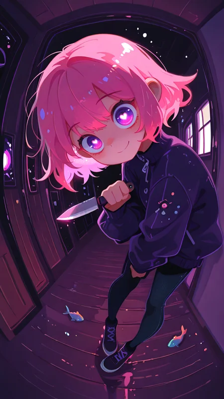 masterpiece, best quality, good quality, newest, highres, absurdres, vivid colors, flat color, 2D, strong lines, Pop Art, no lineart,no outline, 1girl, solo, CivChan, pink hair, purple eyes, heart-shaped pupils, vibrant and expressive, full body, wicked sinister smile with head tilt, one hand clutching a reflective kitchen knife, fine fabric emphasis, striking glowing and detailed eyes, (right eye focus), one eye raised, viewed from side and above, wide angle, (peephole frame), (fisheye, fish eye:1.2), (psycho, obsessive, mentally insane), dynamic angle, dynamic pose, (leaning slightly forwards), aggressive threatening pose, tense and horror-filled, indoors, hotel hallway with dark, dim lighting, high contrast, chiaroscuro, dynamic and ambient lighting, close up, vanripper <lora:TQ_Iridescent_Fantasy_Creations:0.8> <lora:MJ52:0.5> <lora:xl_more_art-full_v1:1> <lora:114558v4df2fsdf5:1> <lora:illustrious_very_aesthetic_v1:0.5> <lora:XXX477:0.2> <lora:sowasowart_style:0.3> <lora:illustrious_flat_color_v2:0.6> <lora:haiz_ai_illu:0.7> <lora:checkpoint-e18_s306:0.75>