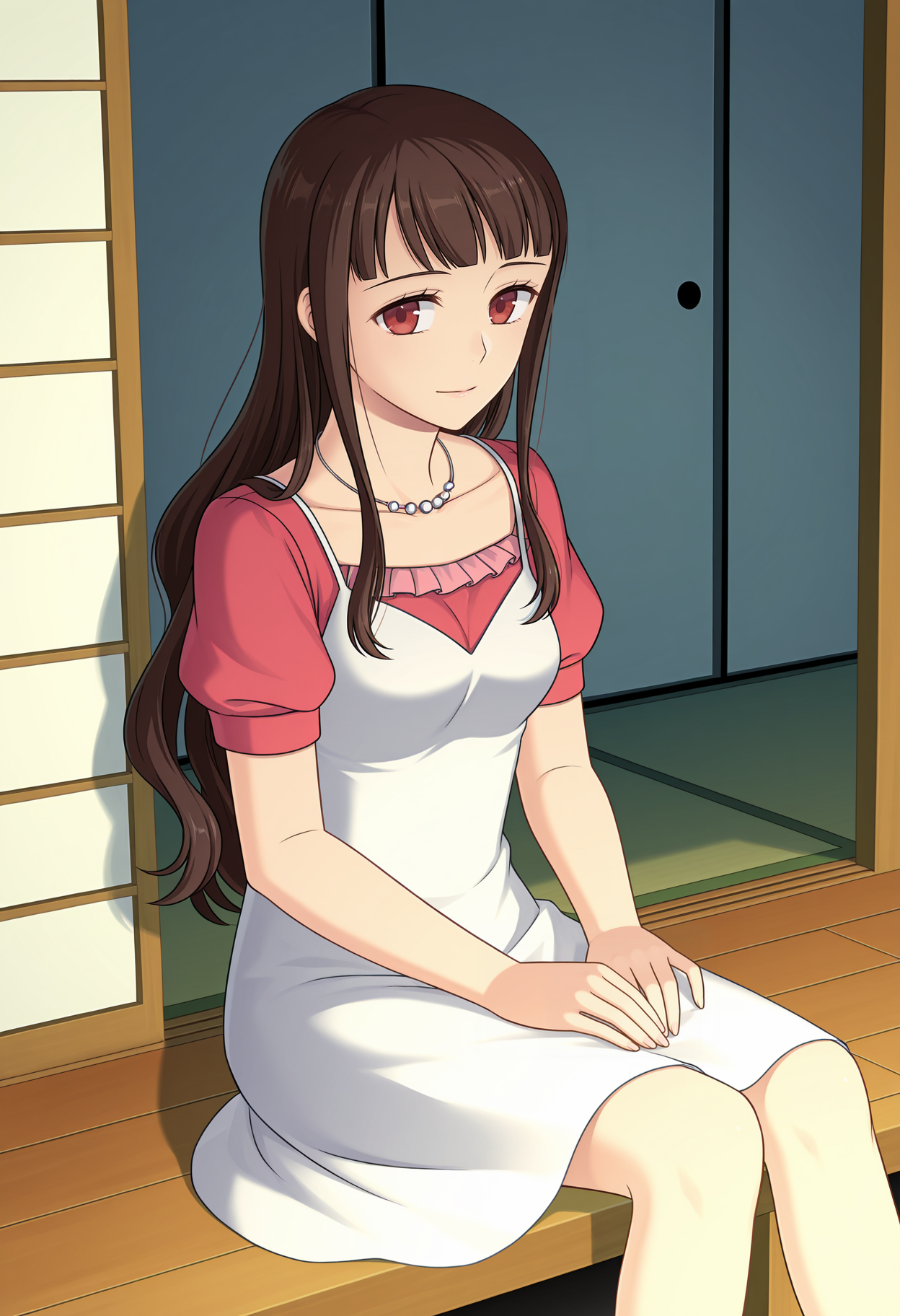 <lora:Yukari-000030:1>,
Yukari,solo,necklace,jewelry,dress,sitting,short sleeves,collarbone