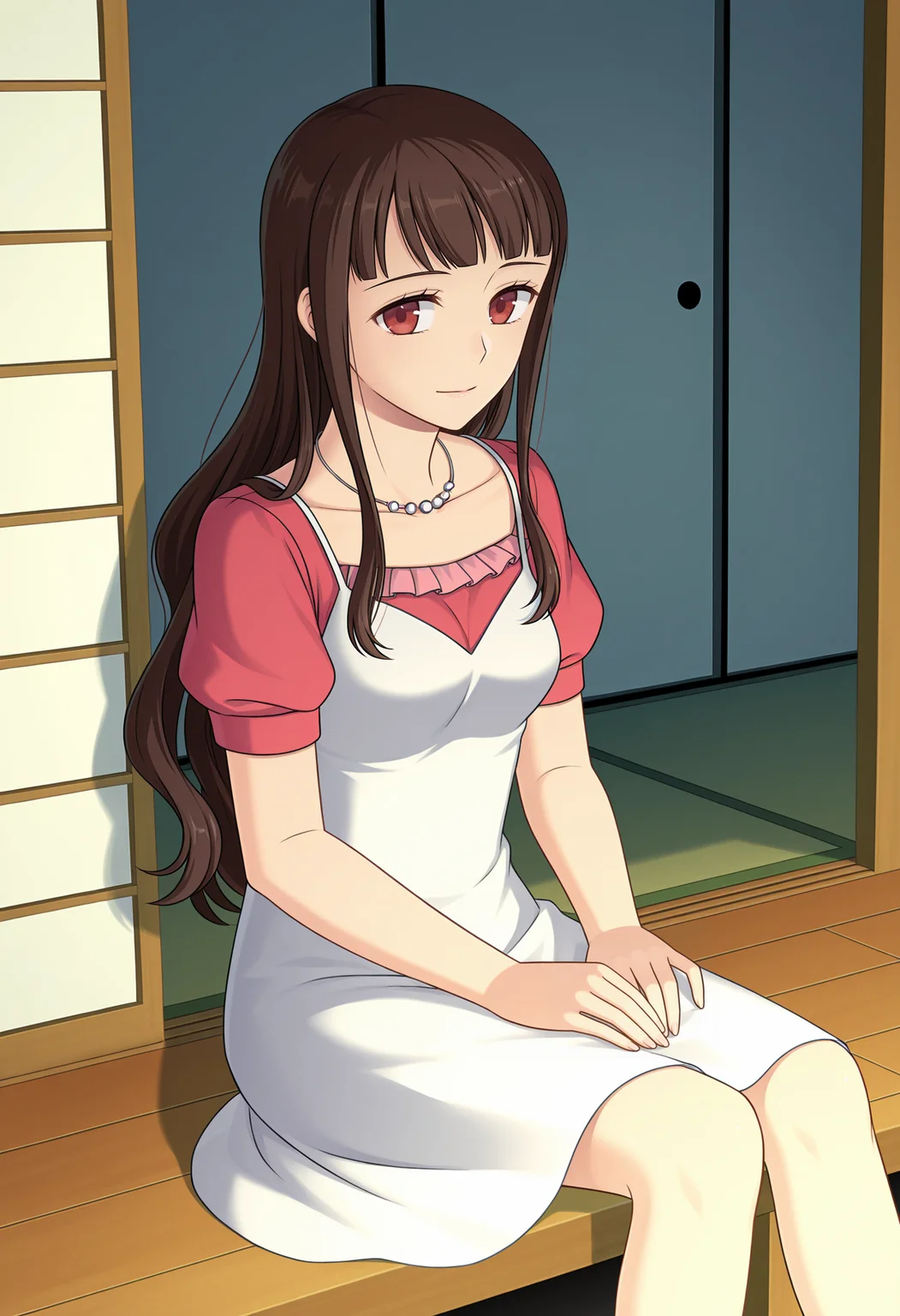 <lora:Yukari-000030:1>,
Yukari,solo,necklace,jewelry,dress,sitting,short sleeves,collarbone