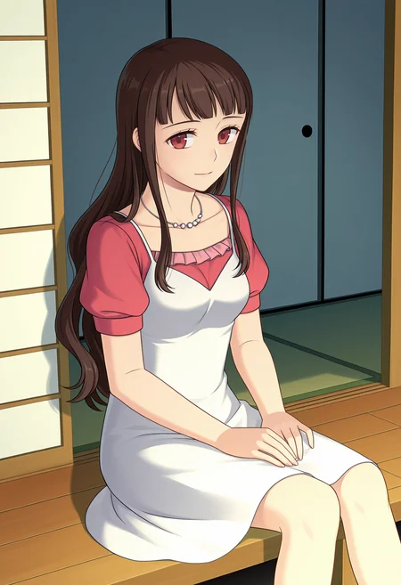 <lora:Yukari-000030:1>,
Yukari,solo,necklace,jewelry,dress,sitting,short sleeves,collarbone
