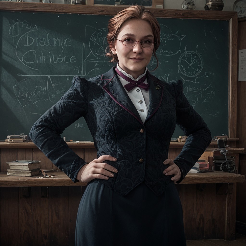 score_8, score_9, break, prof_weasley, 1girl, brown hair, glasses, formal dress, hands on hips, looking at viewer, chalkboard