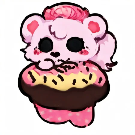 score_9, score_8_up, score_7_up, score_6_up, score_5_up, score_4_up, source_furry, rating_safe, zPDXLpg, solo, furry, no humans, cupcakebear, bear girl, pink fur, ((black eyes)), eyelashes, blush stickers, cheek fur, heart, cupcake, :3, chocolate banana, cafe, indoors, mauzymice_1, Cute, CuteRB, simple drawing style