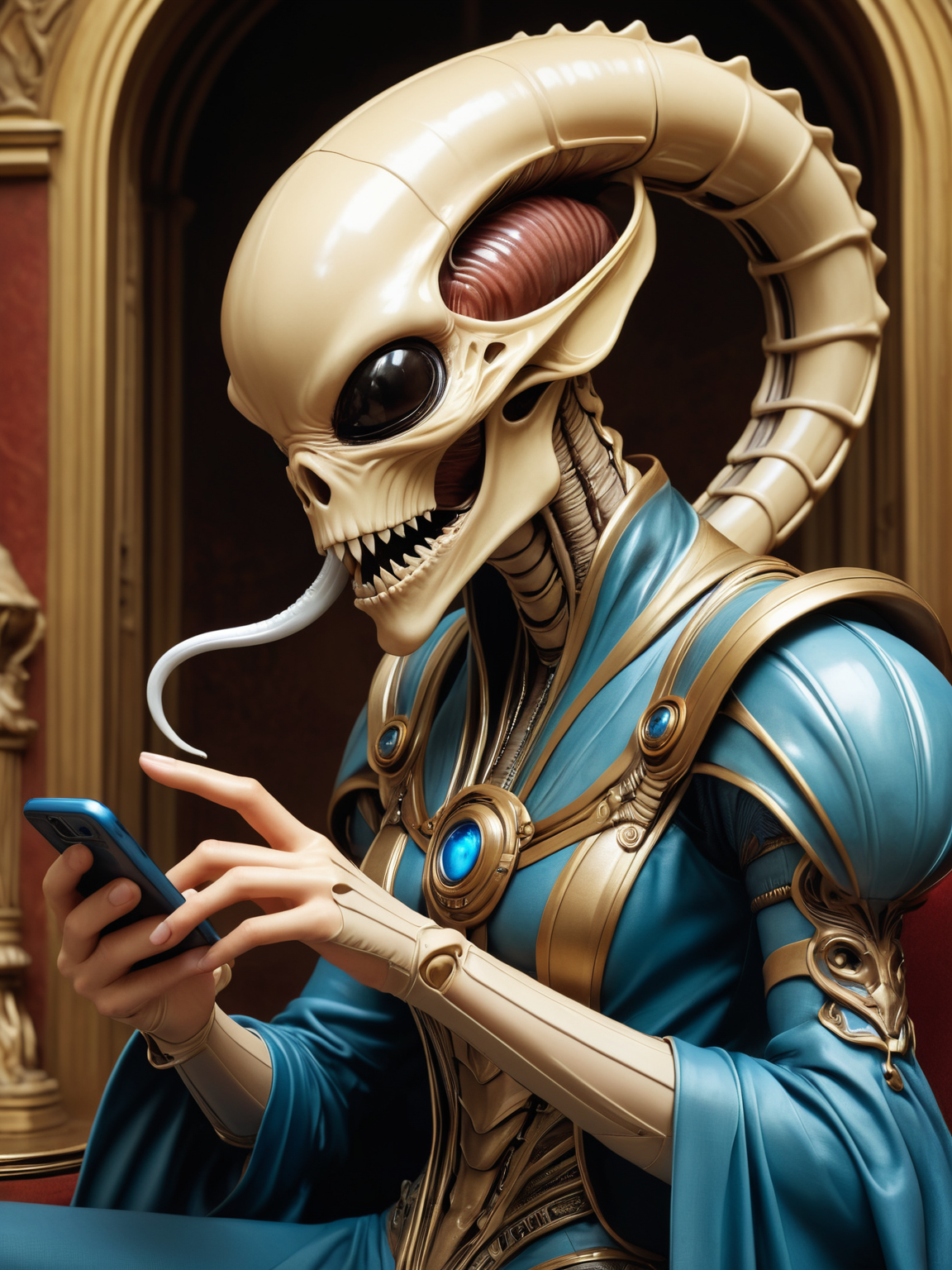 distressed mood, shouting, [art nouveau | xenomorphic ] | by Brian Froud and Artgerm, checking phone  <lora:GeorgianStyle:0.5> GeorgianStyle