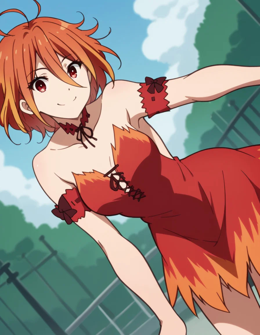 score_9, score_8_up, score_7_up, source_anime,
amagisalama, <lora:amagi-salama-s1-ponyxl-lora-nochekaiser:1>,
salama, orange hair, red eyes, short hair, ahoge,
bare shoulders, choker, dress, multicolored clothes, multicolored dress, orange dress, red choker, red dress,
outdoors, amusement park, smile, bent over,
looking at viewer, cowboy shot, dutch angle, solo,