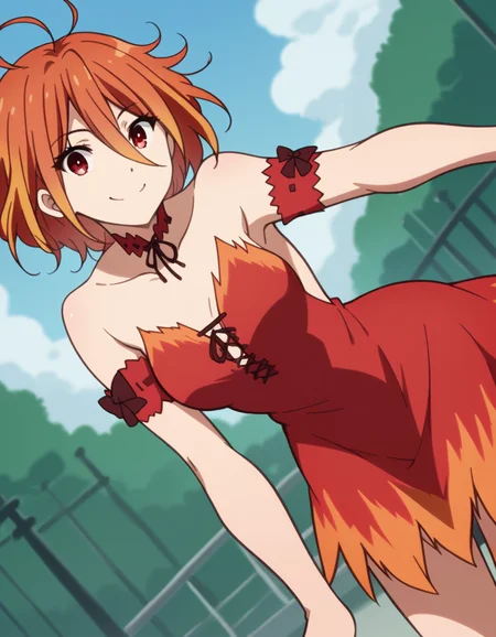score_9, score_8_up, score_7_up, source_anime,
amagisalama, <lora:amagi-salama-s1-ponyxl-lora-nochekaiser:1>,
salama, orange hair, red eyes, short hair, ahoge,
bare shoulders, choker, dress, multicolored clothes, multicolored dress, orange dress, red choker, red dress,
outdoors, amusement park, smile, bent over,
looking at viewer, cowboy shot, dutch angle, solo,