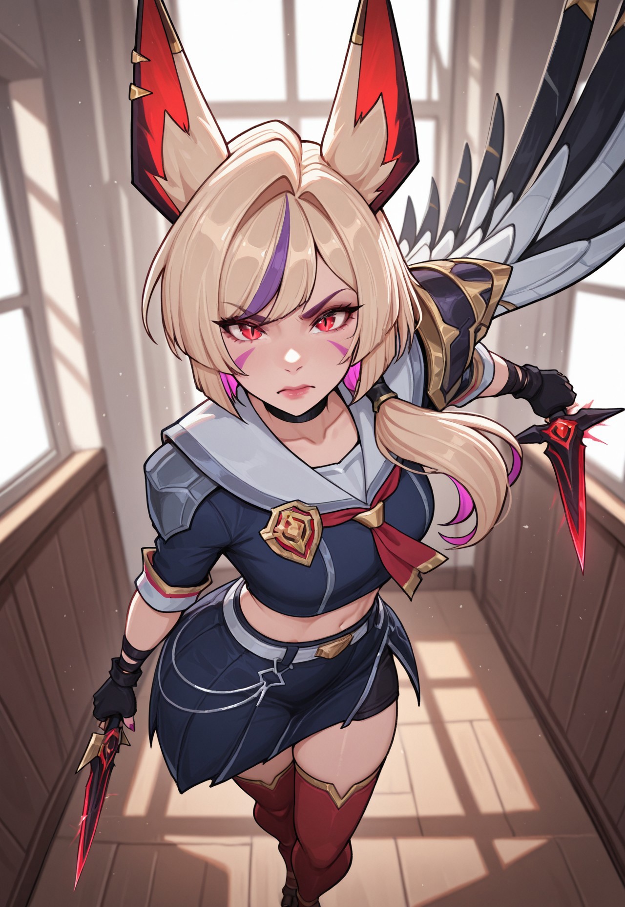masterpiece, best quality, very aesthetic, dynamic pose, perspective, ultra-detailed, highly detailed, cinematic lighting, realistic shading, intricate details, soft lighting, high contrast, depth of field, LOLBAXayah, 1girl, animal ears, animal ear piercing, low side ponytail, two-tone hair, blonde hair, purple hair, red eyes, slit pupils, purple facial mark, bird legs, pink nail polish, sharp fingernails, black choker, badge, sailor collar, red neckerchief, blue cropped shirt, midriff, black bandages, black fingerless gloves, white belt, belt chain, blue miniskirt, side slit, black shorts, shorts under skirt, single pauldron, wing cape, red thighhighs, toeless legwear, holding dagger, looking at viewer, angry, indoors, school, day