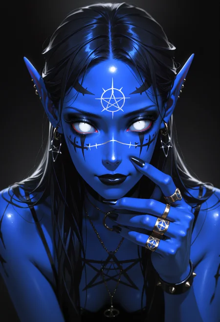 (high_quality, newest, incredibly_absurdres, very aesthetic, zbrush_\(artwork\), digital_painting_\(artwork\), flat_colors, anime_coloring)
(HVC-Illu, seductive, 1girl, solo, white eyes, black lips, jewelry, pointy ears, pentagram, ring, no pupils, colored skin, piercing, claws, facial mark, long hair)