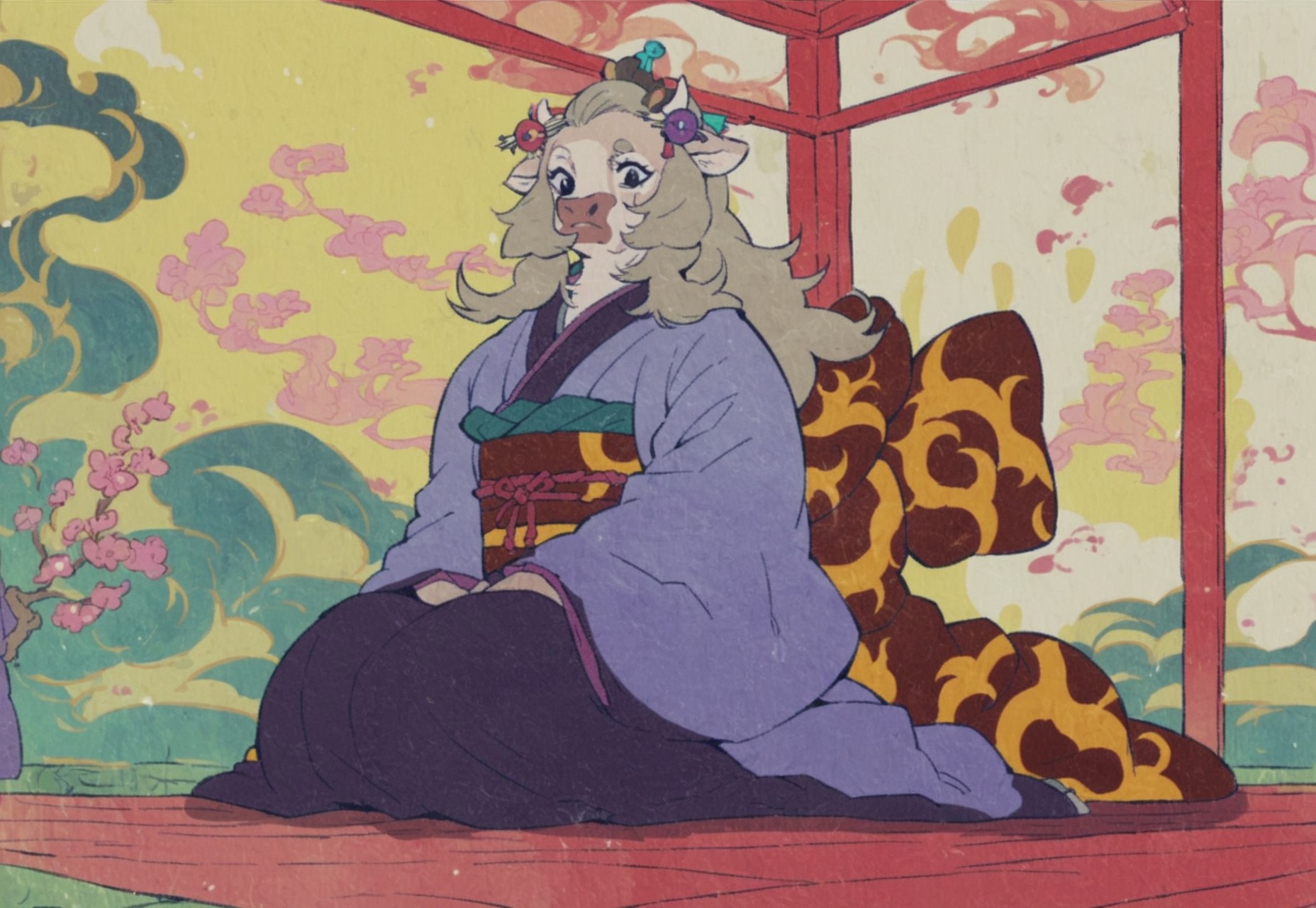 score_9, score_8_up, score_7_up, mononoke, furry anthro, female, cattle, bovid, bovine, seiza, japanese clothes, sitting, 1girl, kimono, blonde hair, sash, long hair, hair ornament, solo, long sleeves, obi, japanese room