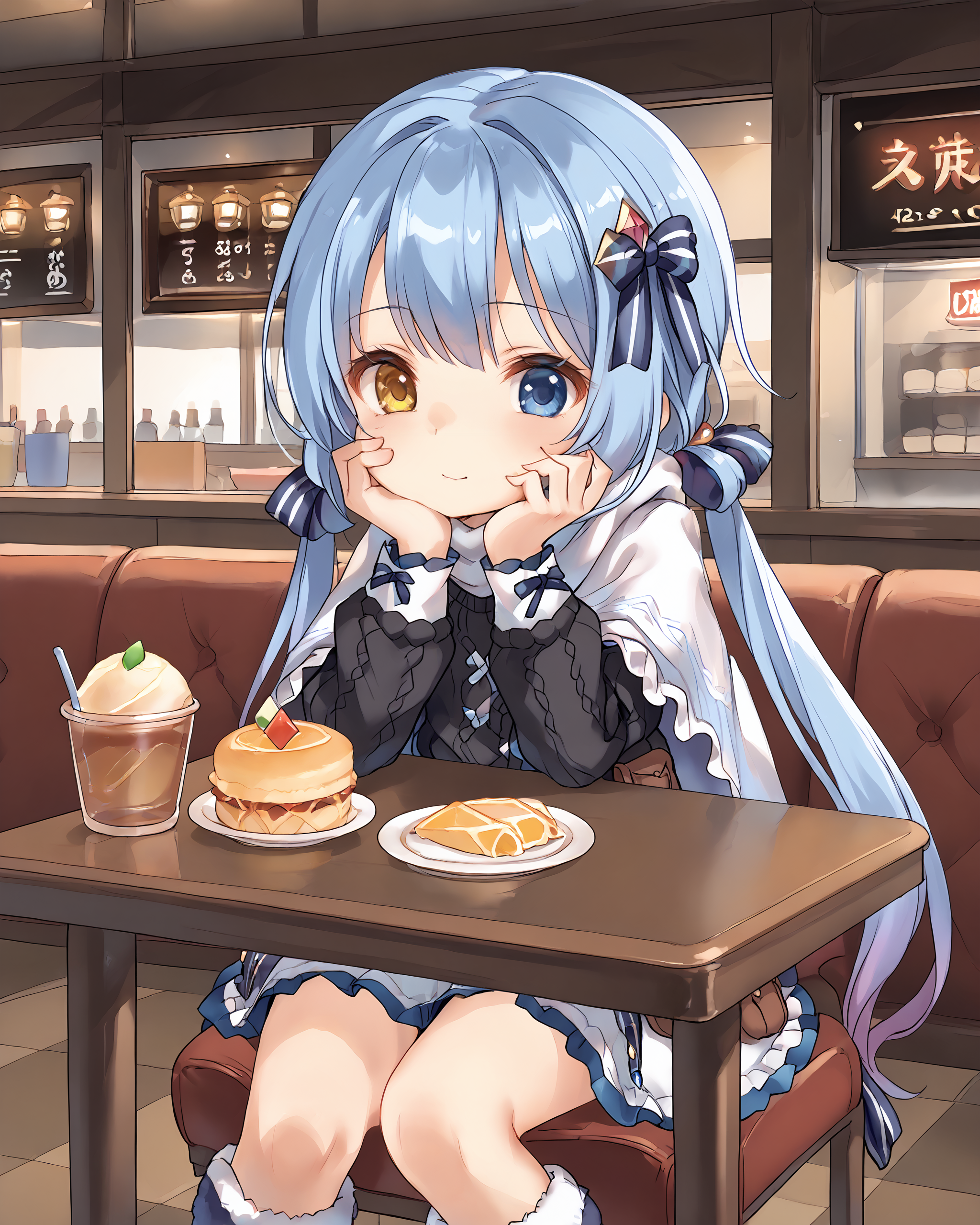 <lora:[PonyXL] SPP-1 v0.5 (SomeSloppyBoi):0.8>, 1girl, solo, SPP1, long hair, blue hair, low twintails, gradient hair, blue eyes, heterochromia, gold eye, hair ribbons, diamond hair ornament, white shawl, black sweater, long white skirt, frills, ribbons, frill cuffs, fur trim, fur boots, hip pouch, sitting in a cafe, sitting on chair, leaning against table, elbow on table,  hand on cheek, desserts on table, bright colors,
