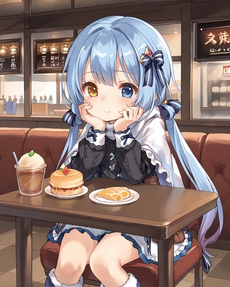 <lora:[PonyXL] SPP-1 v0.5 (SomeSloppyBoi):0.8>, 1girl, solo, SPP1, long hair, blue hair, low twintails, gradient hair, blue eyes, heterochromia, gold eye, hair ribbons, diamond hair ornament, white shawl, black sweater, long white skirt, frills, ribbons, frill cuffs, fur trim, fur boots, hip pouch, sitting in a cafe, sitting on chair, leaning against table, elbow on table,  hand on cheek, desserts on table, bright colors,