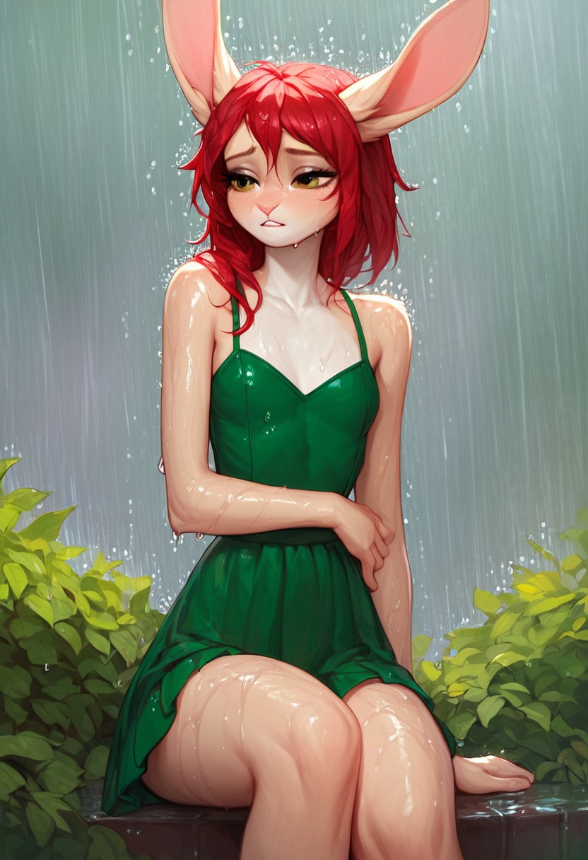 score_9, score_8_up, score_7_up, score_6_up, score_5_up, (flat colored: 1.2), fluffy body, (2d style:0.8), solo, anthro rabbit female, beige fur, skinny, red hair, focus on face,  clothes, sautumn, falling leaves, green dress, wet, rain, umbrella, sad