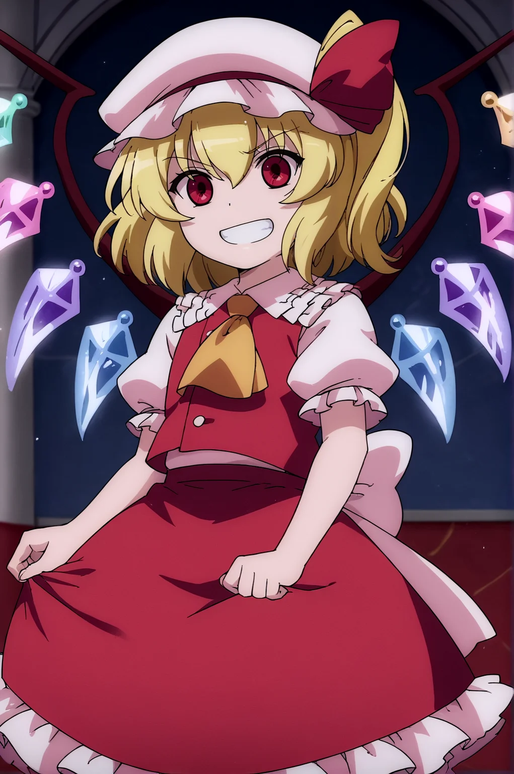 score_9, score_8_up, score_7_up,anime_source, source_anime, best background, detailed background, anime screencap, Flandre, ascot, grin, crystal, frilled skirt, frills, hat, hat ribbon, indoors, looking at viewer, puffy short sleeves, puffy sleeves, red ribbon, red skirt, red vest, ribbon, shirt, short sleeves, skirt, vest, white headwear, white shirt, wings <lora:JN_Flandre_Scarlet:0.8>
