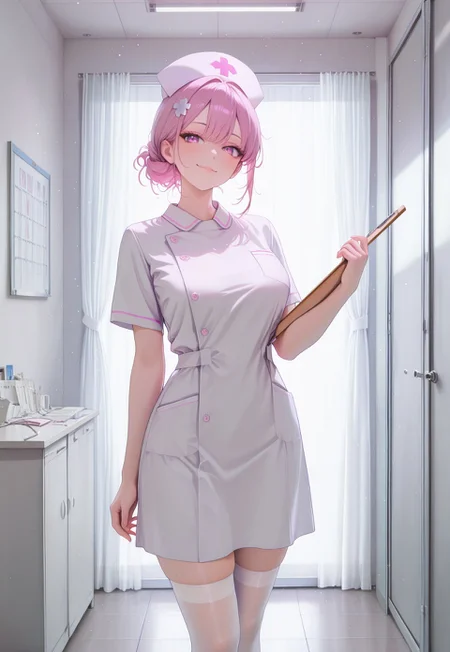 safe_pos, masterpiece, newest, absurdres, incredibly absurdres, dynamic angle, epic composition, epic proportion, best quality, amazing quality, very aesthetic, detailed background, detailed environment, highres, newest, 
animated, corridor,
hospital, sunshine, window, white curtain, white wall, 
soft light, particles,
pink hair, 1girl, solo, nurse,  simple hair ornament,
(sexy, hot, lewd, slutty), beautiful breasts, tied hair, thin waist,
nurse uniform, white stockings, nurse cap,
slightly smile,
(holding chart board:1.2), tilt head, standing, looking at viewer,