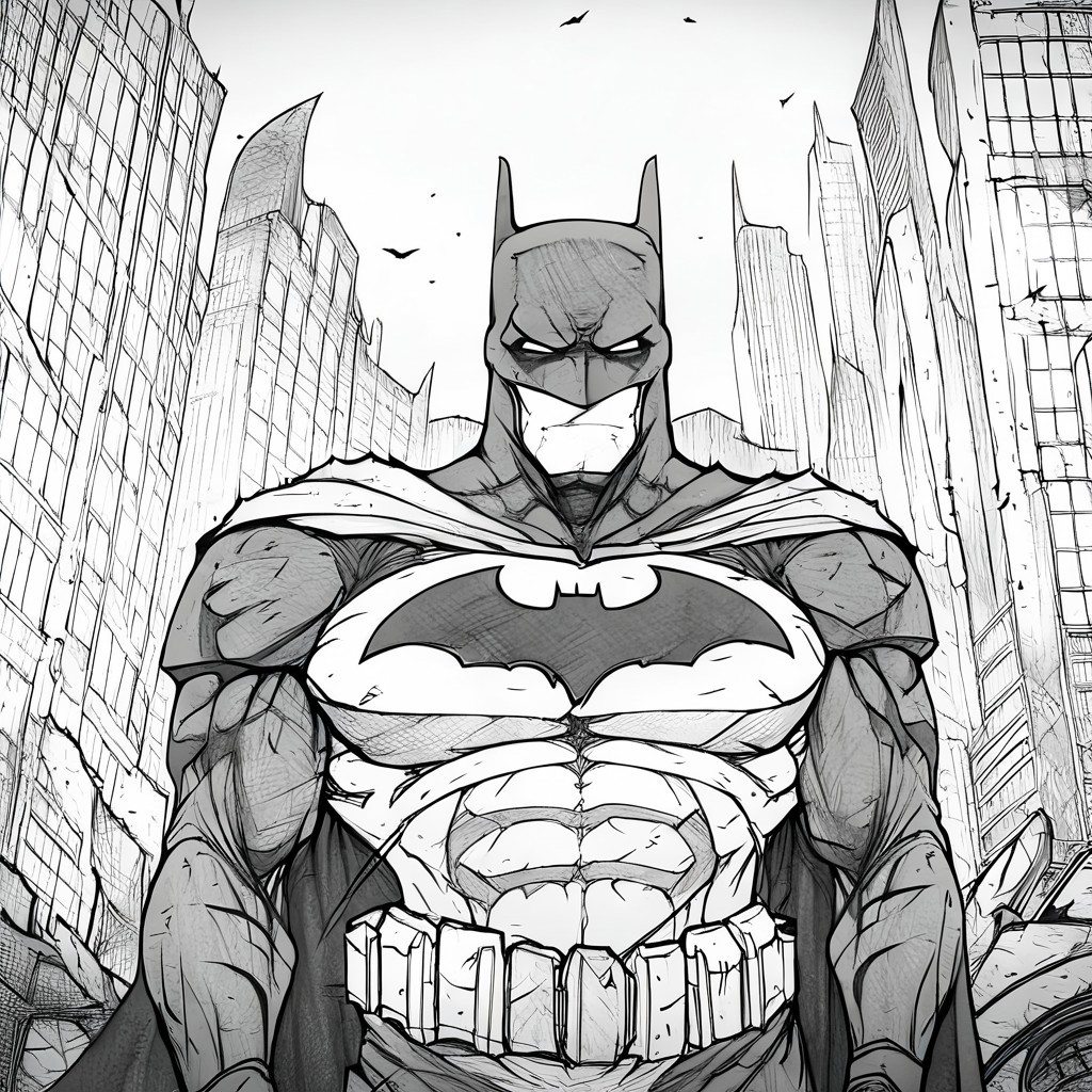 Evang, Batman standing in a destroyed city street with torn clothing, scars, scratches, battle damaged suits, tactical armor, muscular, menacing look, Batmobile to the left in the background