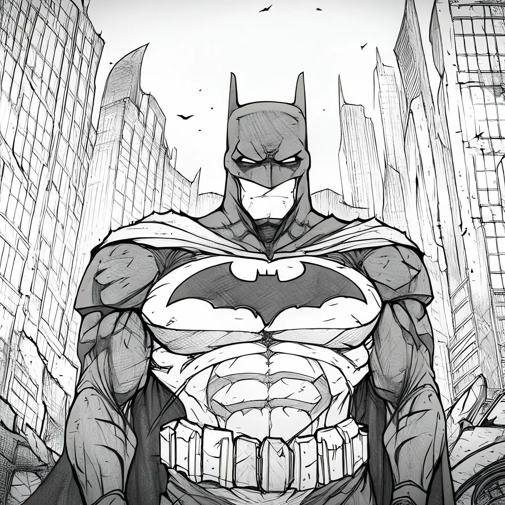 Evang, Batman standing in a destroyed city street with torn clothing, scars, scratches, battle damaged suits, tactical armor, muscular, menacing look, Batmobile to the left in the background