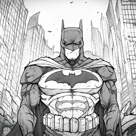Evang, Batman standing in a destroyed city street with torn clothing, scars, scratches, battle damaged suits, tactical armor, muscular, menacing look, Batmobile to the left in the background