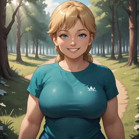 score_9, score_8, BREAK, solo, mii, wii, wii sports, 1girl, female mii, cute, plump, fat, chubby, blonde hair, blue eyes, dark green clothing, white pants, shoes, Megan_(Wii_Sports), big breasts, (((adult female, mature female))), tall, sexy pose, self portrait, smile, outdoors, sunlight, shadows, evening lighting, natural lighting, forest, trees, grass, orange sky, sunset