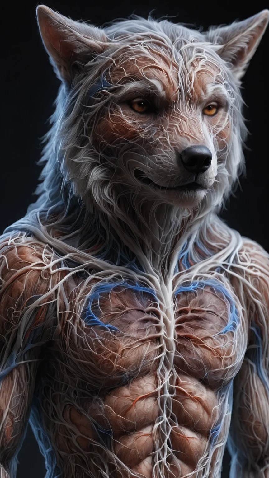Renaissance style (yamer_veins, veins, guro), anthropomorphic, wolf, x-ray, xray, fur, furry, male, detailed tail, detailed fur, detailed face, perfect face, perfectly rendered face, correct eyes, brown eyes, brown hair, brown fur, hairstyles, detailed muzzle, detailed mouth, detailed fur, five fingers, proper hands, proper shading, proper lighting, detailed, detailed background, detailed foreground, solo focus, detailed character(s), high quality, (high res), hoodie, headshot, portrait, smile, closed eyes, closed eyed smile, <lora:Veins_XL:1> <lora:Yamer_X-RAY:1>, Realistic, perspective, light and shadow, religious or mythological themes, highly detailed