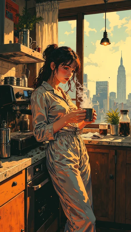 High-resolution anime-style illustration with painterly textures, cinematic morning lighting, and a cozy, atmospheric mood. A young woman leans against the kitchen counter in satin pajamas, her long, wavy chestnut-brown hair loosely tied back, a few strands falling over her tired yet serene face. She holds a freshly brewed cup of coffee in both hands, steam rising as the warm aroma fills the air. The soft golden light of the early morning sun filters through the large window, casting long shadows over the wooden floor and reflecting off the sleek espresso machine still hissing on the counter. Outside, the quiet city skyline stretches in the distance, blurred by the condensation on the glass. The kitchen is minimalistic yet inviting, with a few scattered coffee beans, a sugar jar, and a half-read newspaper beside her. The painterly textures blend warm sunlight with cool morning hues, creating a peaceful and intimate start to the day <lora:illustration:0.5> <lora:Vibrantly_Dark_style_v.1:0.7000000000000001> <lora:Vintage_comic_book:0.8>