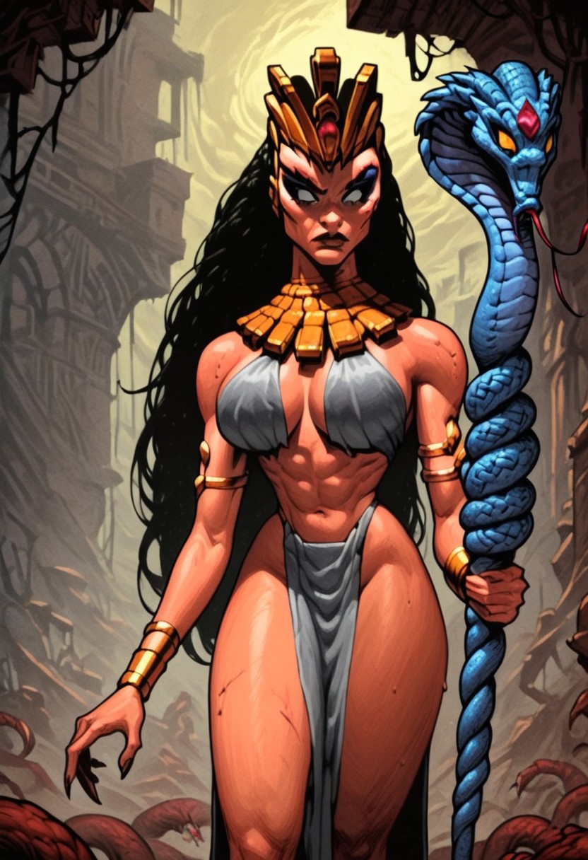 DonMC0m1cM4g1cXL, (dark, fantasy, magical, eerie) score_9, score_8_up, score_7_up, score_6_up, (Malyssa_Primal, long hair, black hair, makeup, eyeliner, lipstick, black eyes, loin clothes, golden bracelets, golden collar, gleninsheen gorget, golden crown, snake staff), big breasts, slim waist, wide hips, thick thighs BREAK, backgroung, plain, ruins