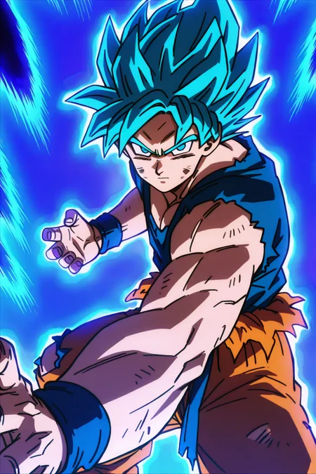 masterpiece, best quality, foreshortening, solo, looking at viewer, blue eyes, 1boy, blue hair, male focus, torn clothes, muscular, spiked hair, wristband, serious, fighting stance, aura, dirty, dougi, super saiyan, dirty face, son goku, blue aura, ,<lora:DBSBroly_Style_IXL_v2:0.8>,