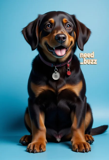 DogPortraitHQ, 4k, realistic, fluffy hair, dark brown dog, happy look, light blue background  with sign saying need_buzz,