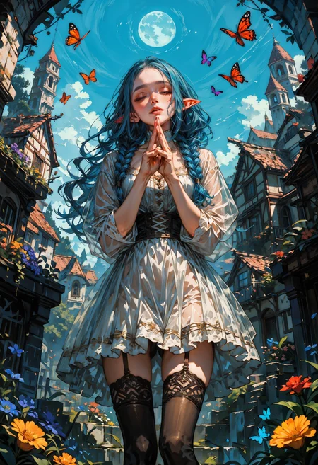 score_9, score_8_up, score_7_up,  solo, 1girl, elf princess, pointy ears, blue hair, braided, posing, cute pose, joyful, lace lingerie, stockings, garter belt, wavy hair, see-through sleeves, flower short dress, outdoors, romantic, garden, flowers, butterflies, moonlight, surreal, fantastical, dynamic angle, from below,  <lora:cr33pp41ntXLP:0.8> cr33pp41nt <lora:Expressive_H-000001:0.8> expressiveh,   <lora:sinfully_stylish_SDXL> <lora:Pony_DetailV1.0>