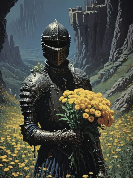 1970's dungeons and dragons dark fantasy artstyle, a knight holding a boquet of flowers, grain, cinematic, realistic, photo <lora:dark_fantasy-000013:1>