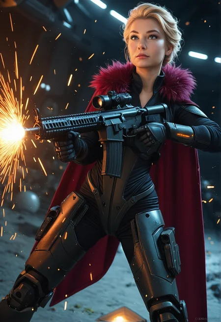 photorealistic, real aesthetic, masterpiece, high quality, 1girl, Elsa, mech woman, wires, sparks, robotic components, assault rifle, action shot, outerspace background, shallow depth of field, detailed background, dynamic angle, volumetric lighting, high resolution
