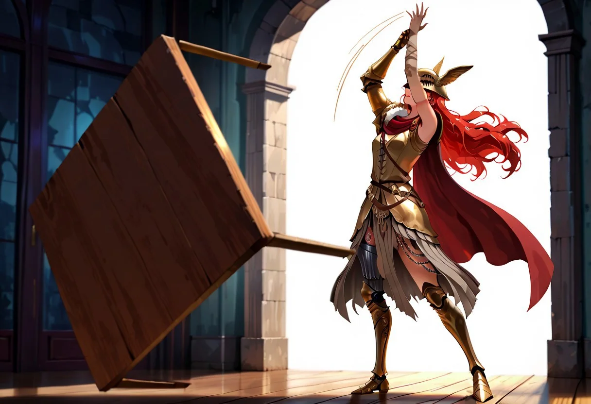 masterpiece, best quality, newest, absurdres, highres, anime, anime style, Table-Flip-IL.V1.0, table, table flip,
1girl, malenia blade of miquella, floating hair, red hair, long hair, prosthetic leg, armor, gold armor, winged helmet, armor, red cape, prosthetic arm, single mechanical arm,