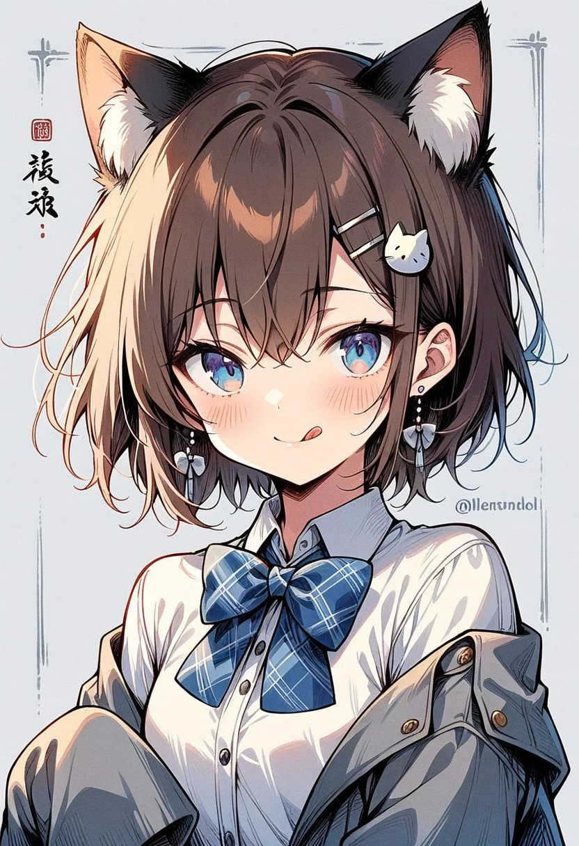 ((masterpiece, best quality, illustration)), Chinese ink painting, 1girl, solo, looking at viewer, blush, smile, short hair, bangs, blue eyes, simple background, brown hair, shirt, hair ornament, long sleeves, bow, animal ears, hair between eyes, jewelry, closed mouth, jacket, white shirt, upper body, earrings, tongue, hairclip, collared shirt, cat ears, hand up, tongue out, bowtie, grey background, off shoulder, twitter username, open jacket, animal ear fluff, sleeves past wrists, plaid, dress shirt, blue bow, sleeves past fingers, :q, grey jacket, plaid bow, cat hair ornament, grey bow