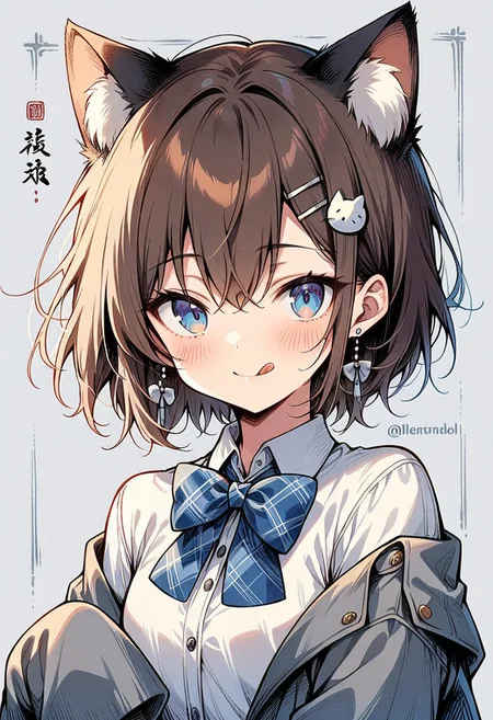 ((masterpiece, best quality, illustration)), Chinese ink painting, 1girl, solo, looking at viewer, blush, smile, short hair, bangs, blue eyes, simple background, brown hair, shirt, hair ornament, long sleeves, bow, animal ears, hair between eyes, jewelry, closed mouth, jacket, white shirt, upper body, earrings, tongue, hairclip, collared shirt, cat ears, hand up, tongue out, bowtie, grey background, off shoulder, twitter username, open jacket, animal ear fluff, sleeves past wrists, plaid, dress shirt, blue bow, sleeves past fingers, :q, grey jacket, plaid bow, cat hair ornament, grey bow