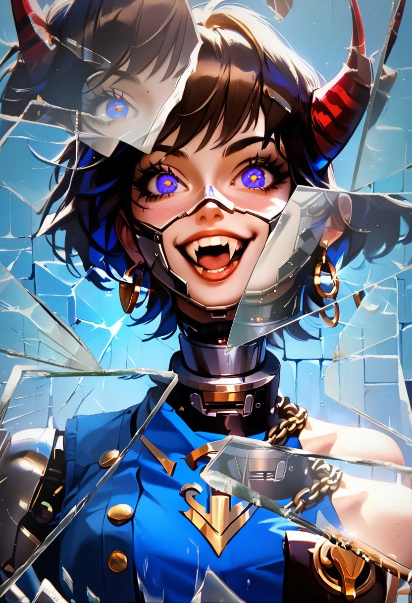 (Roll up eyes, long fangs)), Lady has elastic body type,  sneakers,  (open shirt totned by glass crash), Fishnet-socks, False plastic red-horns,  (metal chain-bracelets on her arm), ((Slim Tits On front Glass-wall, ALSO Glass Broken near her face level)), ((Located in cybernetic laboratory dark-blue colours))   ,  score_9, score_8_up, hight quality, good quality, rendered details. Hight resolution, good quality face. Detailed, good quality textures.