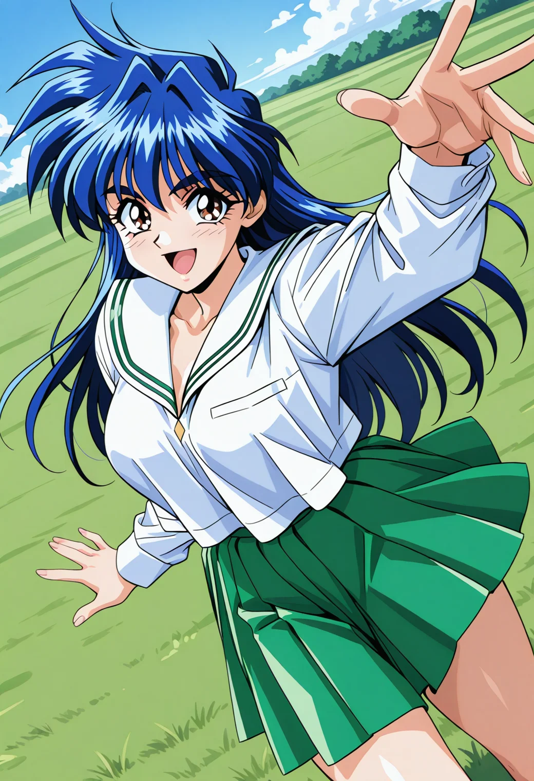 arai_kiyomi, brown eyes, blue hair, long hair, school uniform, serafuku, white shirt, long sleeves, white sailor collar, pleated skirt, green skirt, <lora:Graduation_arai_kiyomi_illustrious_ver1:0.8> 
smile, open mouth,, 1girl, solo, blue sky, (grasslands:1.2), looking at viewer,, (cowboy shot, dynamic pose:1.4),, masterpiece, best quality, sensitive,