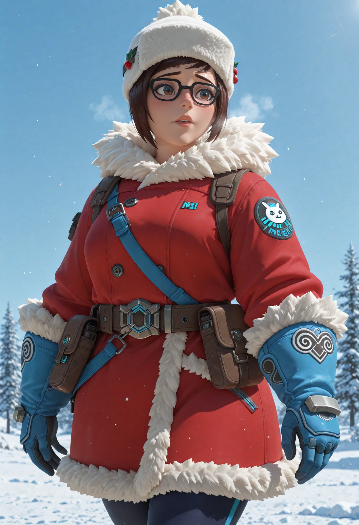 masterpiece, best quality, amazing quality, absurdres,
0v3rw4tch, 3d, lips, nose, 1girl, mei \(overwatch\), alternate costume, parka, red coat, blue gloves, belt, pouch, white fur trim, fur hat, pom pom \(clothes\), parted lips, looking afar, outdoors, blue sky, cold, winter, blush, nose blush, walking
<lora:sdxl_lightning_8step_lora:1> <lora:V2_Overwatch_Style:1>