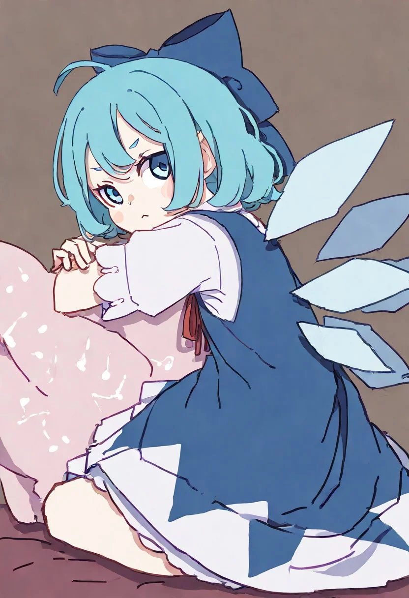 masterpiece, best quality, newest, absurdres, highres, safe, cirno \(touhou\), artist: kame \(kamepan44231\), 1girl, blue eyes, blue hair, short hair, hair bow, blue dress, blue bow, ice wings, wings, ice wings, fumo on a throw pillow and drinking boba