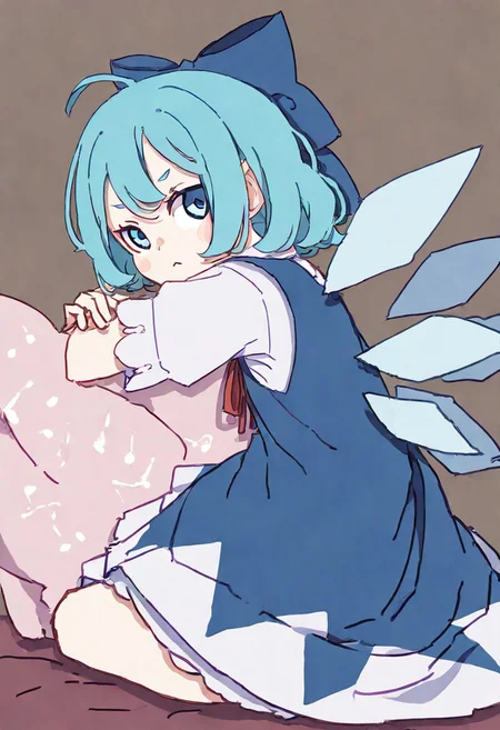 masterpiece, best quality, newest, absurdres, highres, safe, cirno \(touhou\), artist: kame \(kamepan44231\), 1girl, blue eyes, blue hair, short hair, hair bow, blue dress, blue bow, ice wings, wings, ice wings, fumo on a throw pillow and drinking boba