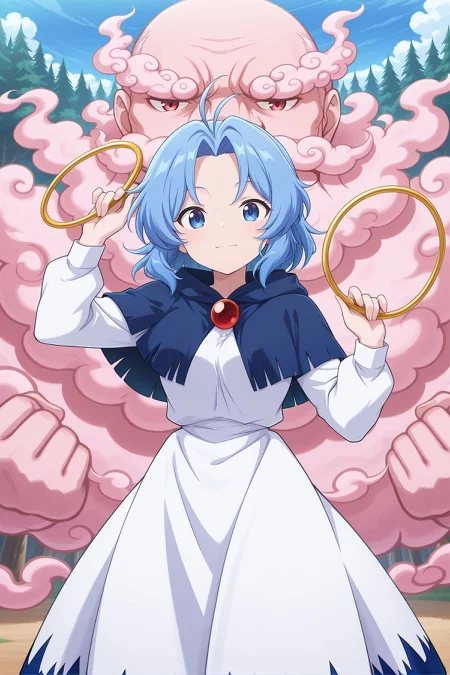absurdres, highres, masterpiece, best quality, amazing quality, official anime artwork, screencap, anime screencap, outdoors, looking at viewer, light smile, dynamic pose,
 <lora:Ichirin-Kumoi_Illustrious:1> kumoi ichirin, 1girl, solo, blue eyes, blue hair, short hair, antenna hair,, blue capelet, hooded capelet, hood down, white dress, long sleeves, hoop, unzan,